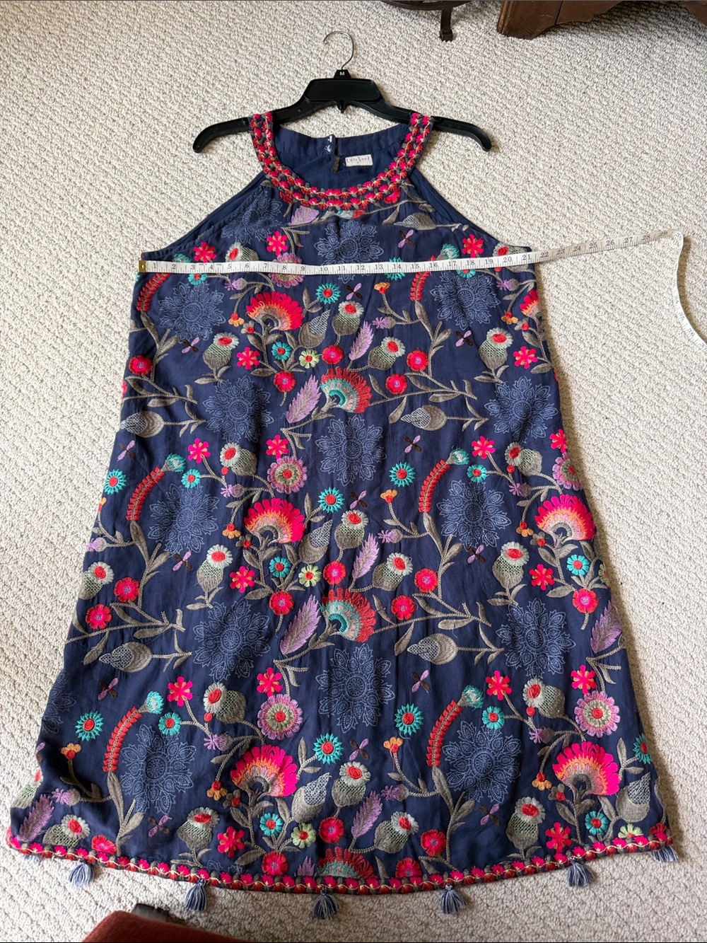 Navy Floral Embroidered Halter 100% Cotton Resort Style Dress - Picture 9 of 12